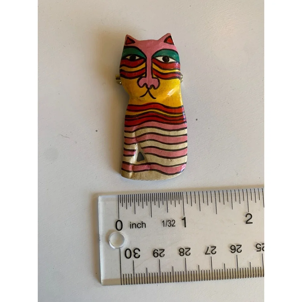 Vintage Hand Painted Wood Cat Brooch Pin Striped Folk Art Multicolored Whimsical